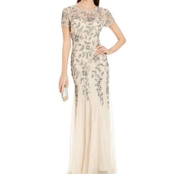 Adrianna papell Floral Beaded Godet Gown with Sheer Short Sleeves - Picture 3 of 16